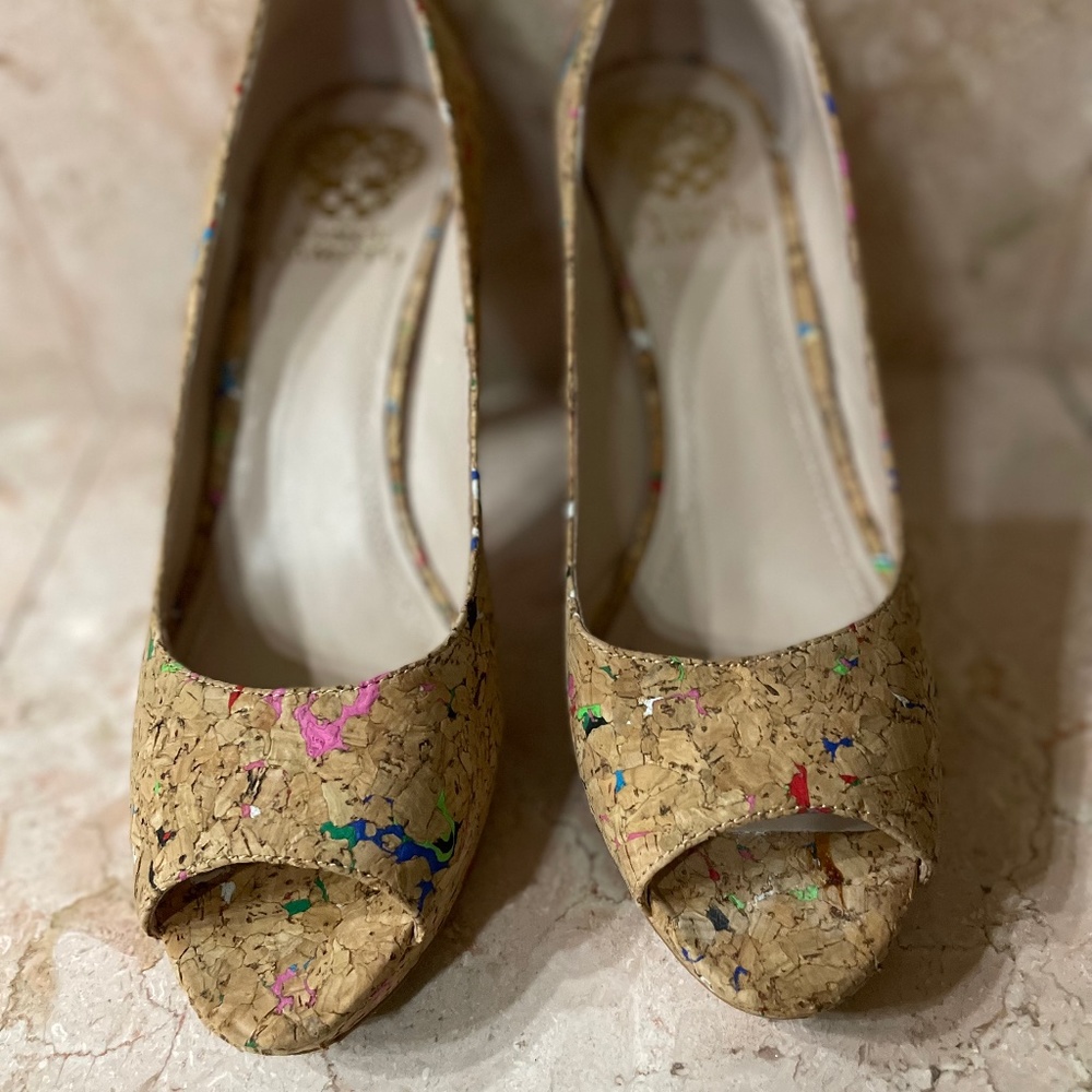 Vince Camuto cork multi spec- peep toe heels
